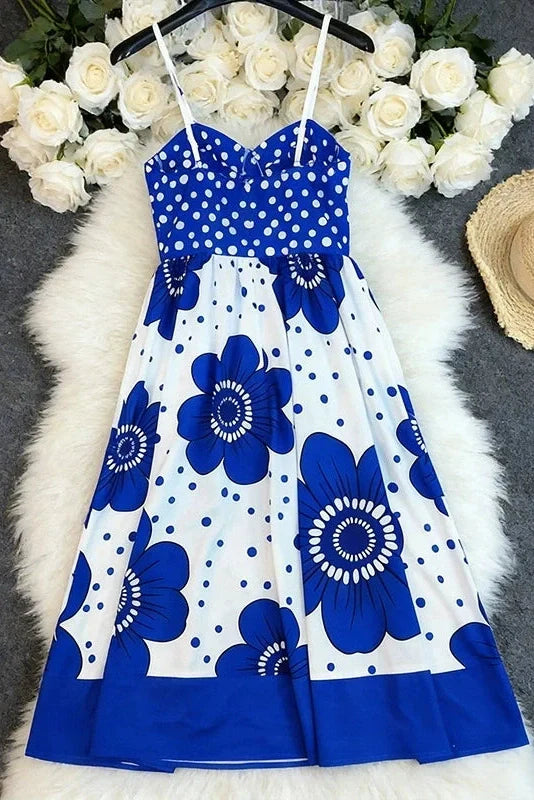 Sleeveless Pleated Printed Loose Midi Dress
