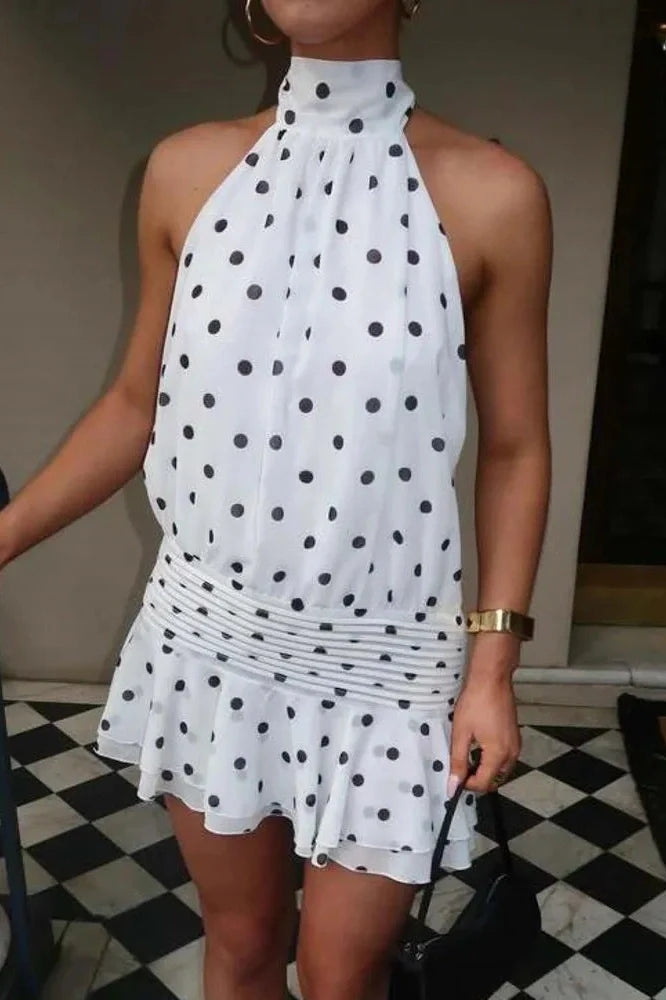 Polka Dot Backless Turtleneck Off-Shoulder Sleeveless Mini Dress