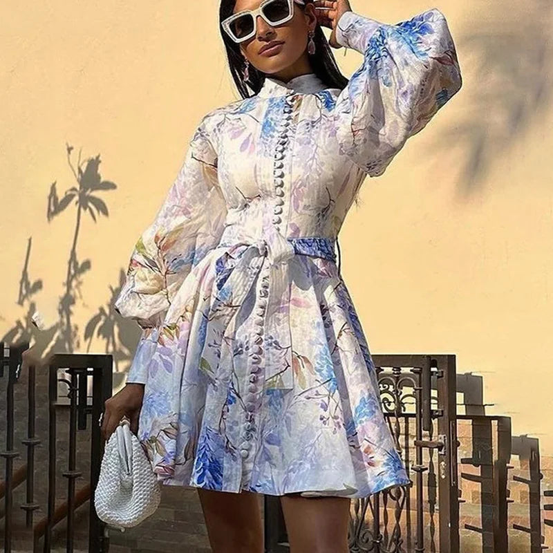Printed Lace Up Single Breasted Mini Dress