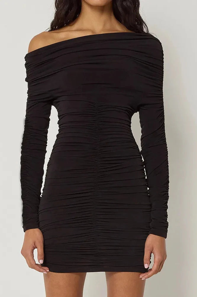 Inclined Shoulder Long Sleeve Backless Mini Dress