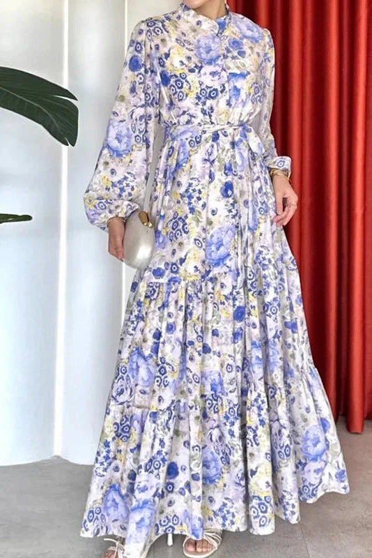 Printed Pleated Long Sleeve High Waist Button A-Line Maxi Dress