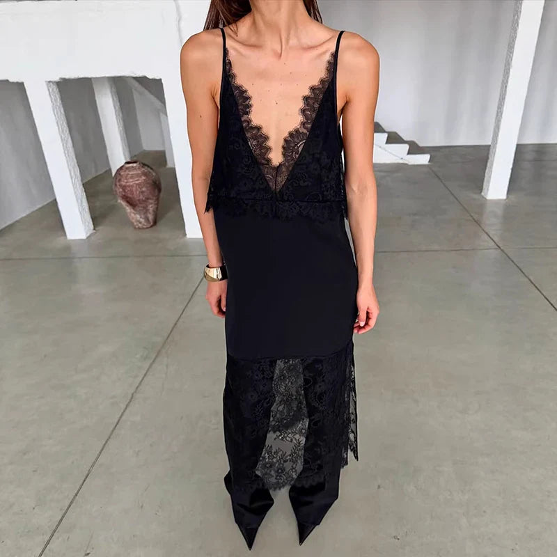 Lace Slit Deep V-Neck Loose Midi Dress