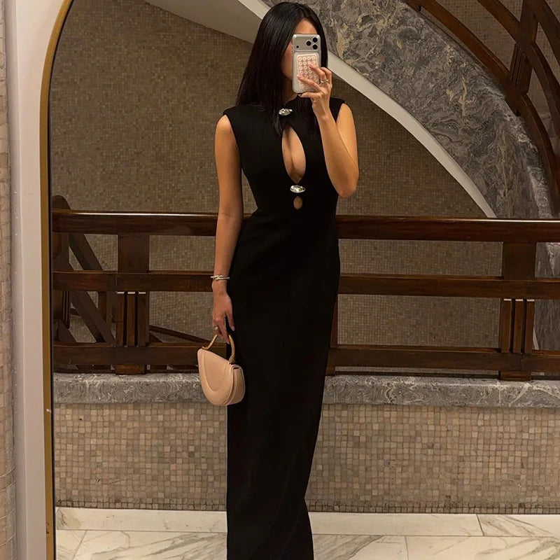 Hollow Out Patchwork Sleeveless Maxi Dress
