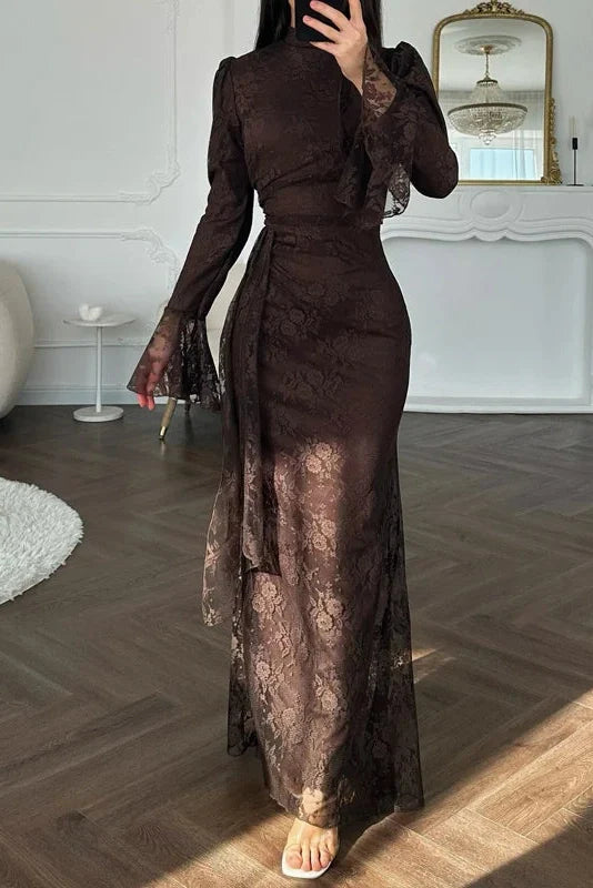 Pleated Lace Slim High Waist Maxi Dress