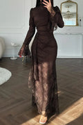Pleated Lace Slim High Waist Maxi Dress