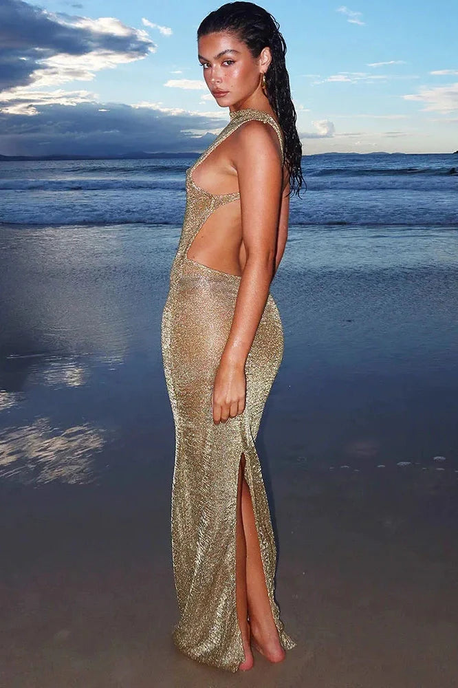 Backless Slit Slim See-Through Maxi Dress