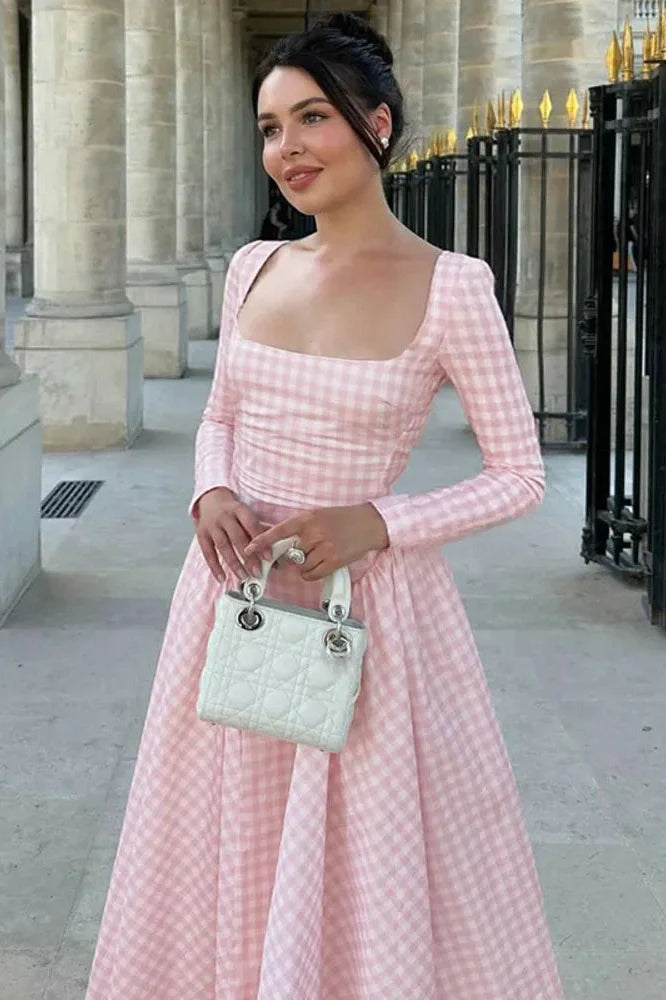 Plaid Long Sleeve Pleated Square Collar High Waist A-line Midi Dress