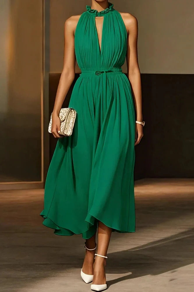 Elegant Off-Shoulder Sleeveless High Waist Backless Pleated Midi Dress