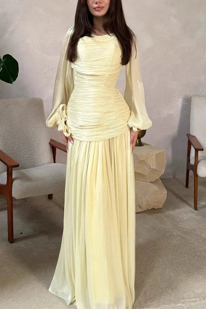 Long Sleeve O-Neck High Waist Pleated Maxi Dress