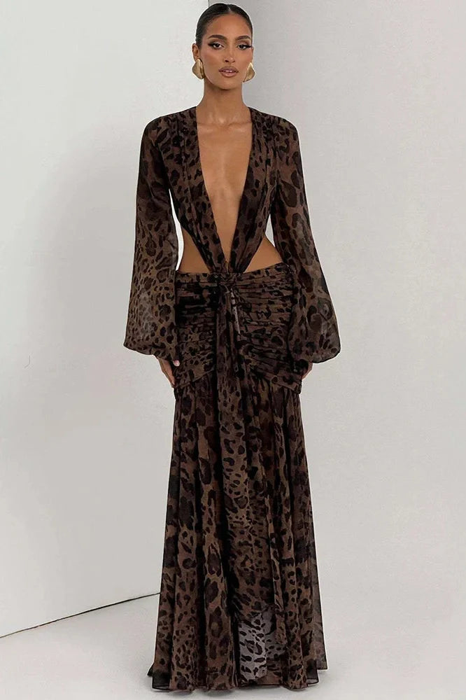 Hollow Out Printed Long Sleeve Backless Bodycon Maxi Dress