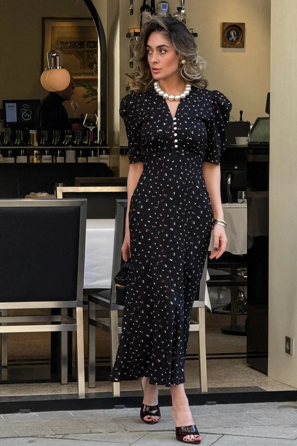 Elegant Printed Puff Sleeve V-Neck High Waist Maxi Dress