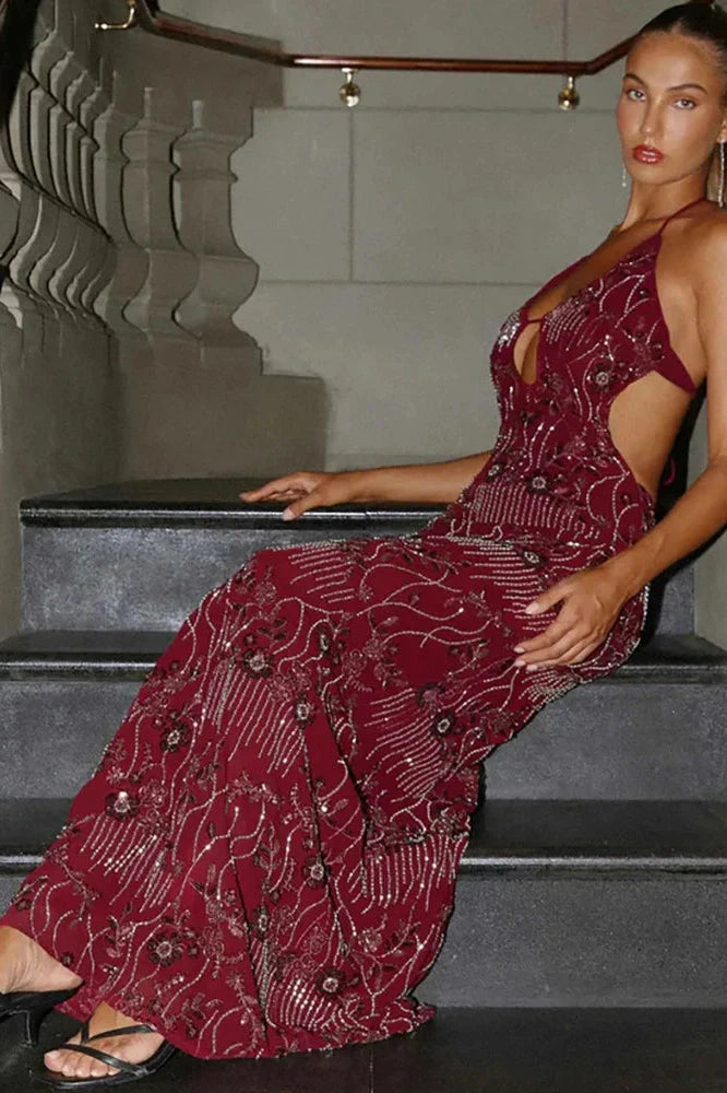 Hollow Out Backless Sleeveless Bodycon Maxi Dress