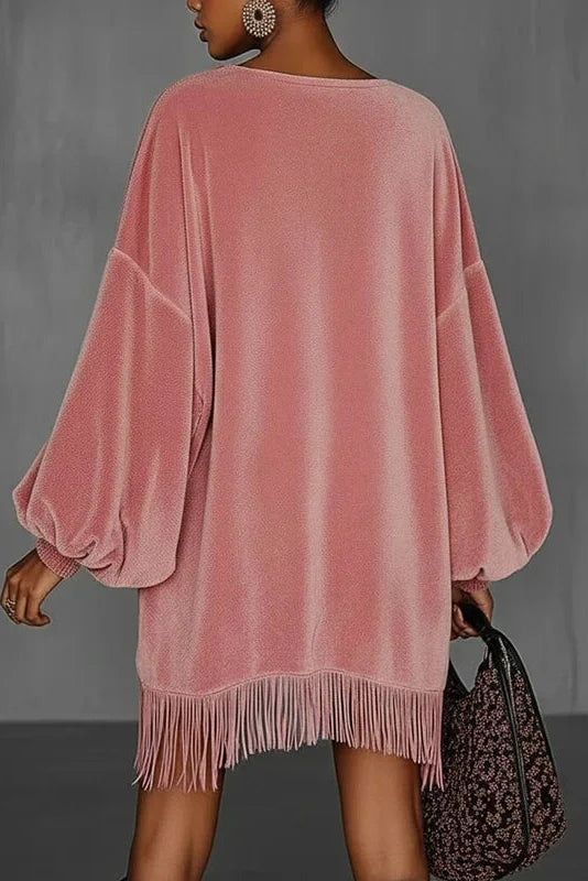 Elegant O-Neck Long Sleeve Loose A-Line High Waist Mini Dress