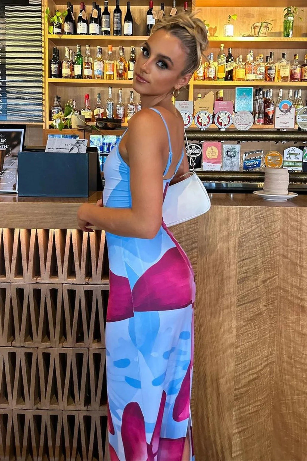 Spaghetti Strap Printed Backless Bodycon Maxi Dress