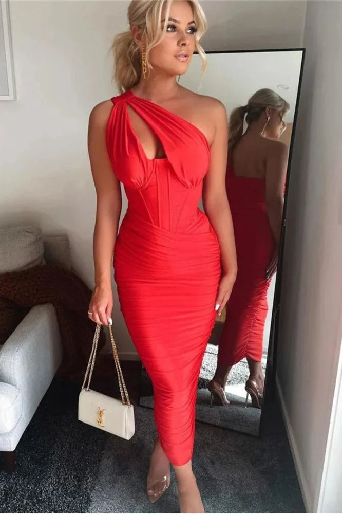 Elegant One Shoulder Sleeveless Backless Midi Dress