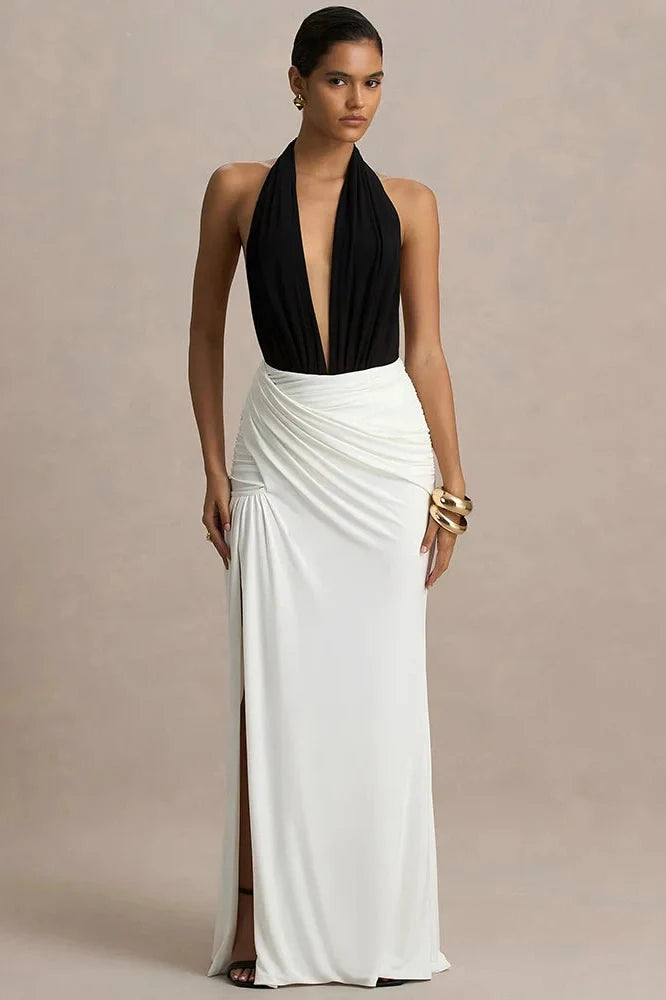 Backless Patchwork Deep V Neck Sleeveless High Waist Split Maxi Dress