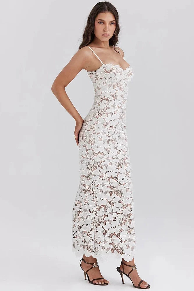 Floral Embroidery Spaghetti Strap Sleeveless Maxi Dress