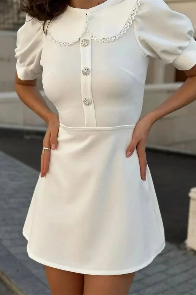 Elegant Patchwork Short Sleeve Lace-Up Mini Dress