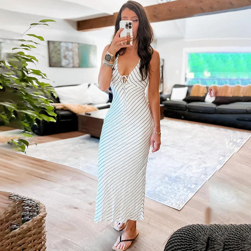 Striped Lace-Up V-Neck Sleeveless Slim Maxi Dress