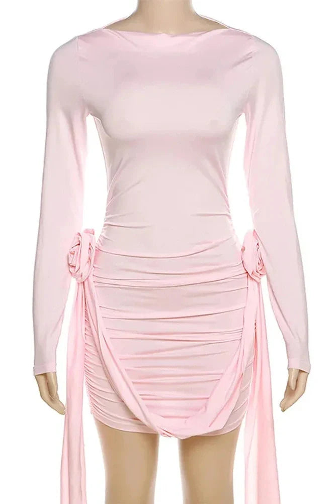 Pleated Long Sleeve Slim Patchwork Mini Dress