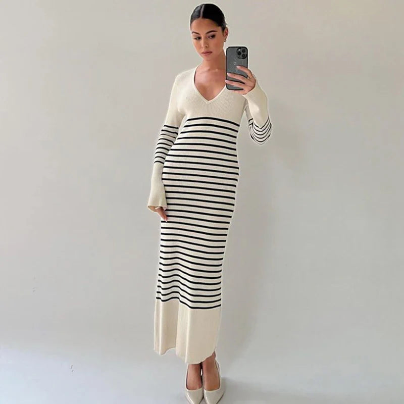 Striped Knitted V-Neck Long Sleeve Midi Dress