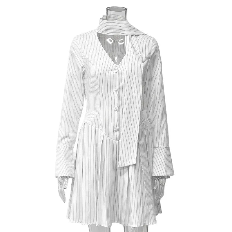 V Neck Button Scarf Ribbon Long Sleeve Mini Dress