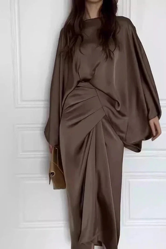 Elegant Tie-up Waisted O Neck Sleeves Maxi Dress