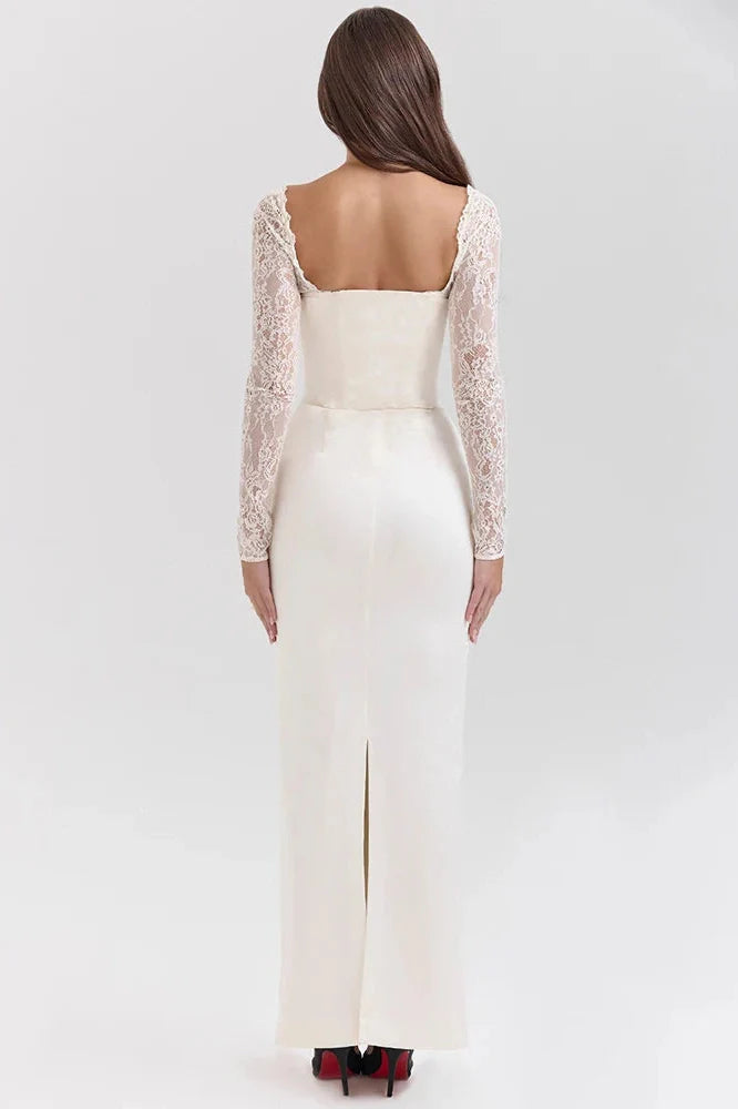 Lace Long Sleeve Square Collar Backless Maxi Dress