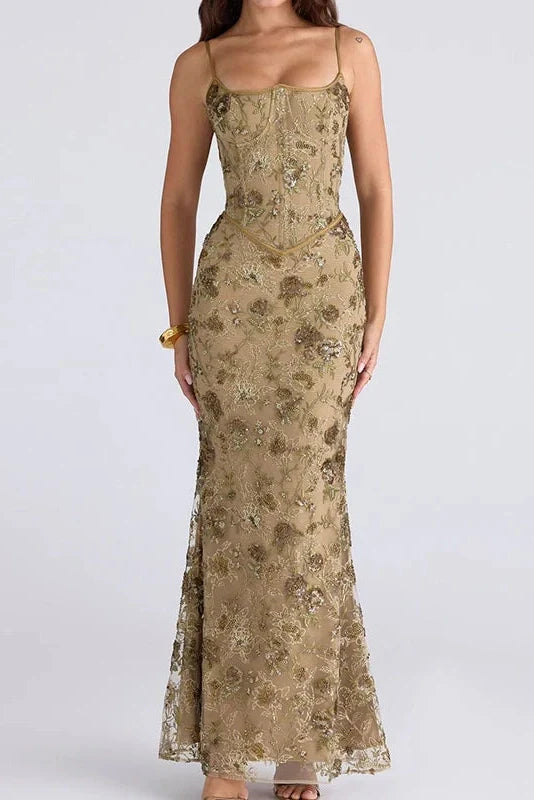 Hollow Out Lace Embroidery Slim Backless Maxi Dress