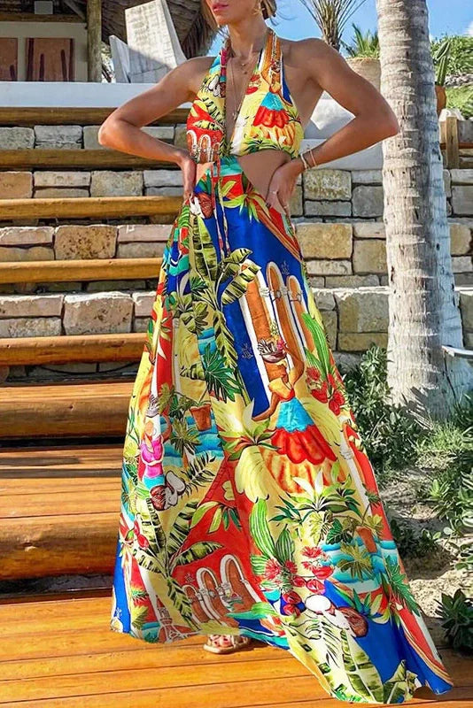 Hollow Out Sleeveless Lace-up Printed Maxi Dress