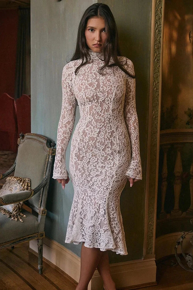 Lace Long Sleeve High Waist Bodycon Midi Dress