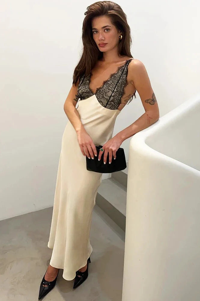 Spaghetti Strap Lace Patchwork Deep V Neck Sleeveless Split Maxi Dress