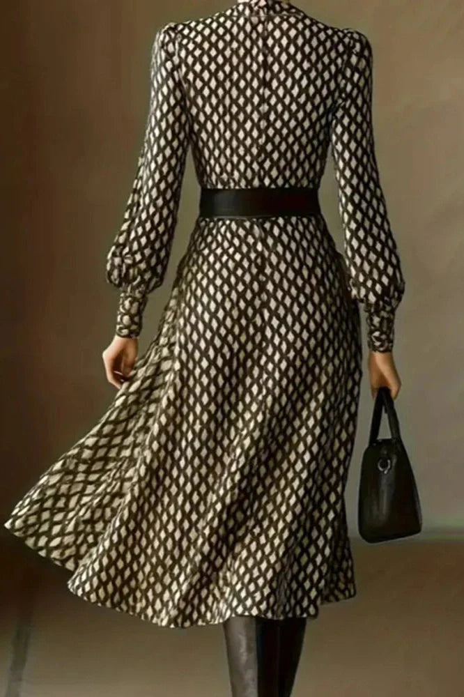 Elegant Pleated High Waist Printed Long Sleeve Midi Dress
