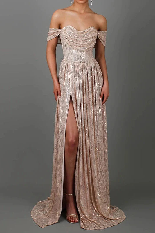 Pleated Off Shoulder High Waist Split Maxi Dress
