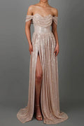 Pleated Off Shoulder High Waist Split Maxi Dress
