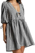 Short Sleeve V Neck Plaid Mini Dress