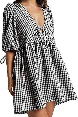 Short Sleeve V Neck Plaid Mini Dress
