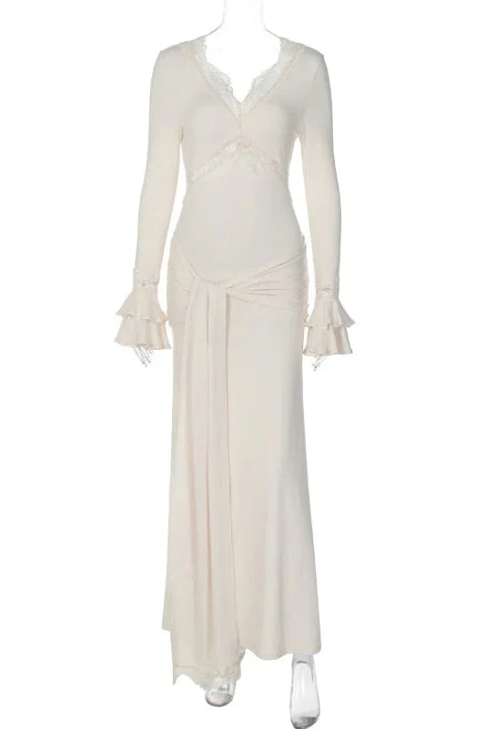 Lace V-Neck Sleeves Patchwork Slim Maxi Dress