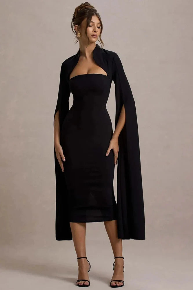 Long Sleeve Square Collar Back Slit Bodycon Midi Dress