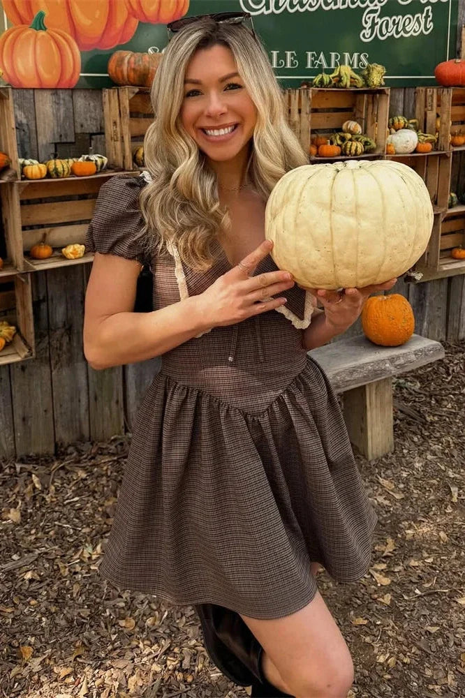 V-Neck Patchwork Short Sleeve Lace-Up Mini Dress