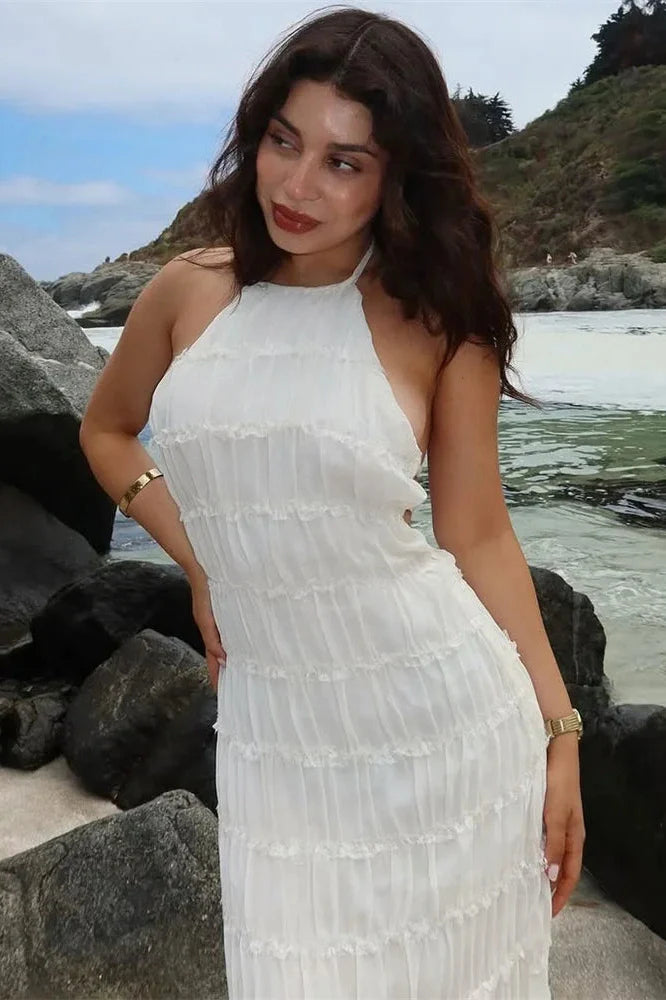Patchwork Lace-Up Backless High Waist Maxi Dress