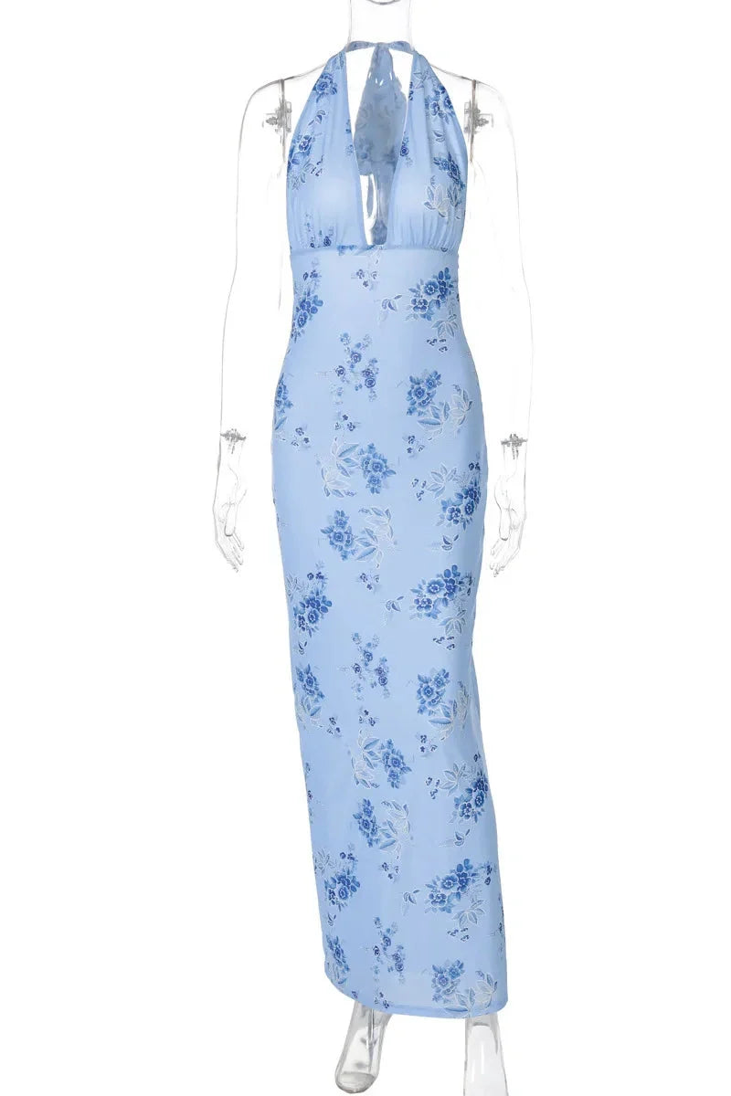 Backless Printed Deep V Neck Sleeveless Bodycon Maxi Dress