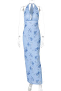 Backless Printed Deep V Neck Sleeveless Bodycon Maxi Dress