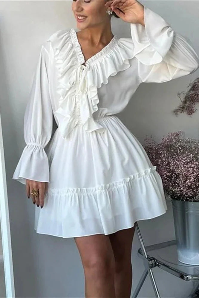 V-Neck Patchwork Long Sleeve High Waist Lace-Up Mini Dress