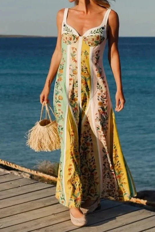 Floral Printed Slim High Waist Sleeveless Pleated Maxi Dress