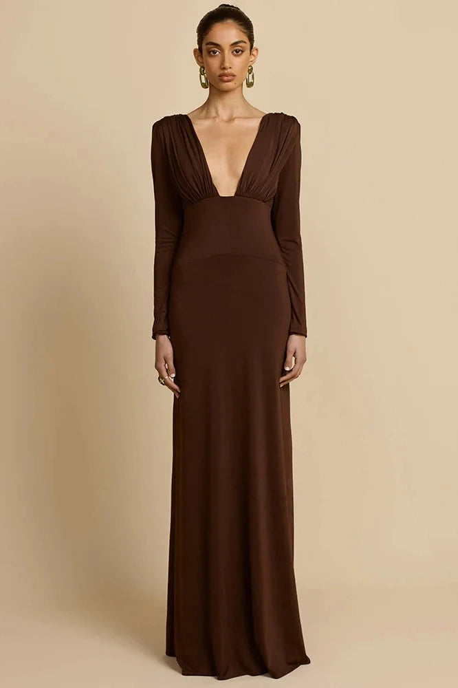 Deep V Neck Backless Long Sleeve High Waist Maxi Dress