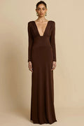 Deep V Neck Backless Long Sleeve High Waist Maxi Dress