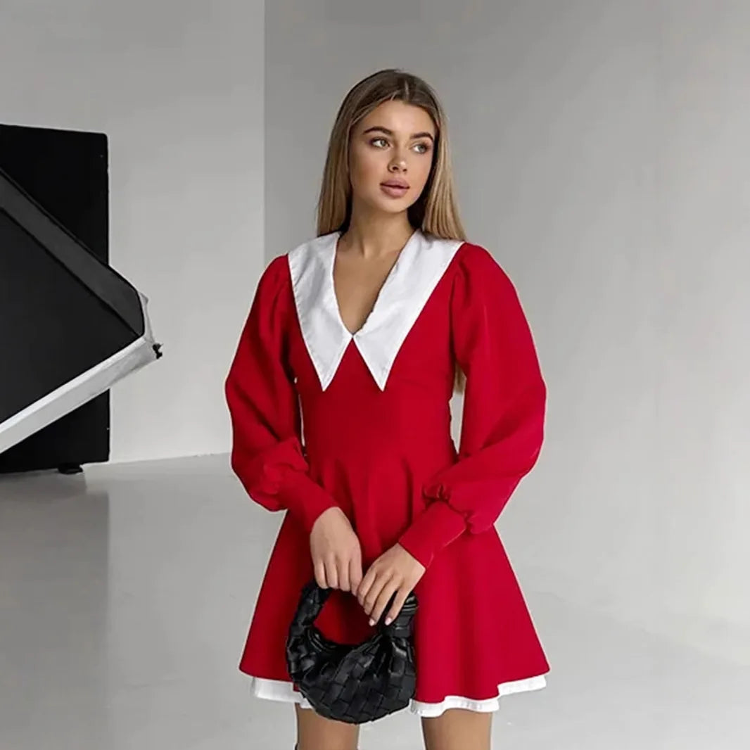 Lantern Sleeve High Waist A-Line Mini Dress
