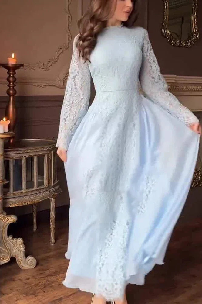 O-Neck Long Sleeve Pleated High Waist Lace Maxi Dress