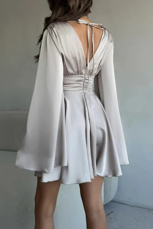 Elegant Long Sleeve Deep V Neck High Waist Mini Dress